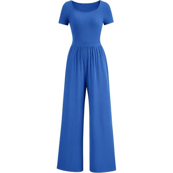 Pants - Women's Blue Summer Short Sleeve Square Neck Wide Leg Rompers Jumpsuits